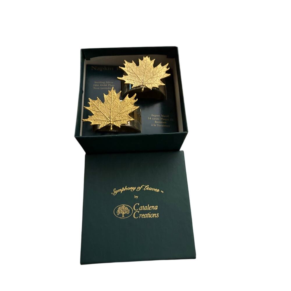 Gold Plated Maple Leaf Napkin Rings - Sterling Silver, Set of 2-NIB
